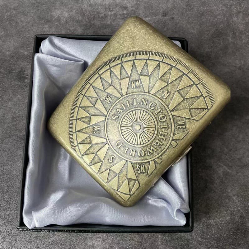 Cross-border bronze embossed flip-top 20-piece automatic portable cigarette case with compass and floral design, high-appeal metal.