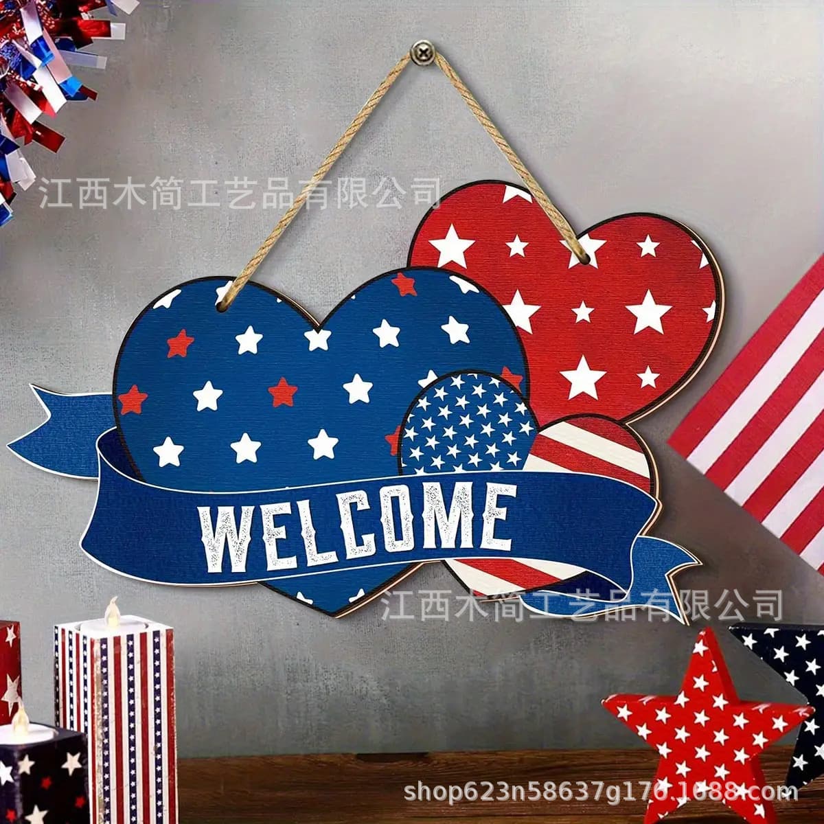 Cross-border Hot Selling US Independence Day Wooden Door Sign Decoration Hanging Ornament Front Door Decor Memorial Day Heart Shape