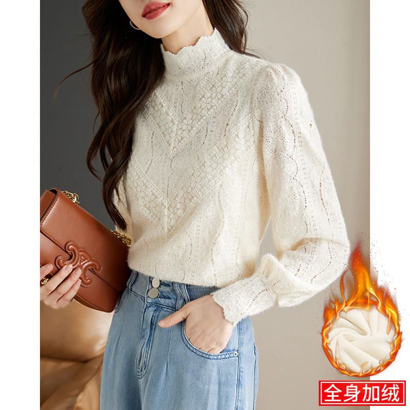 Fleece-lined turtleneck lace base layer top for women, spring and autumn style, 2025 winter new style, pretty and stylish blouse.