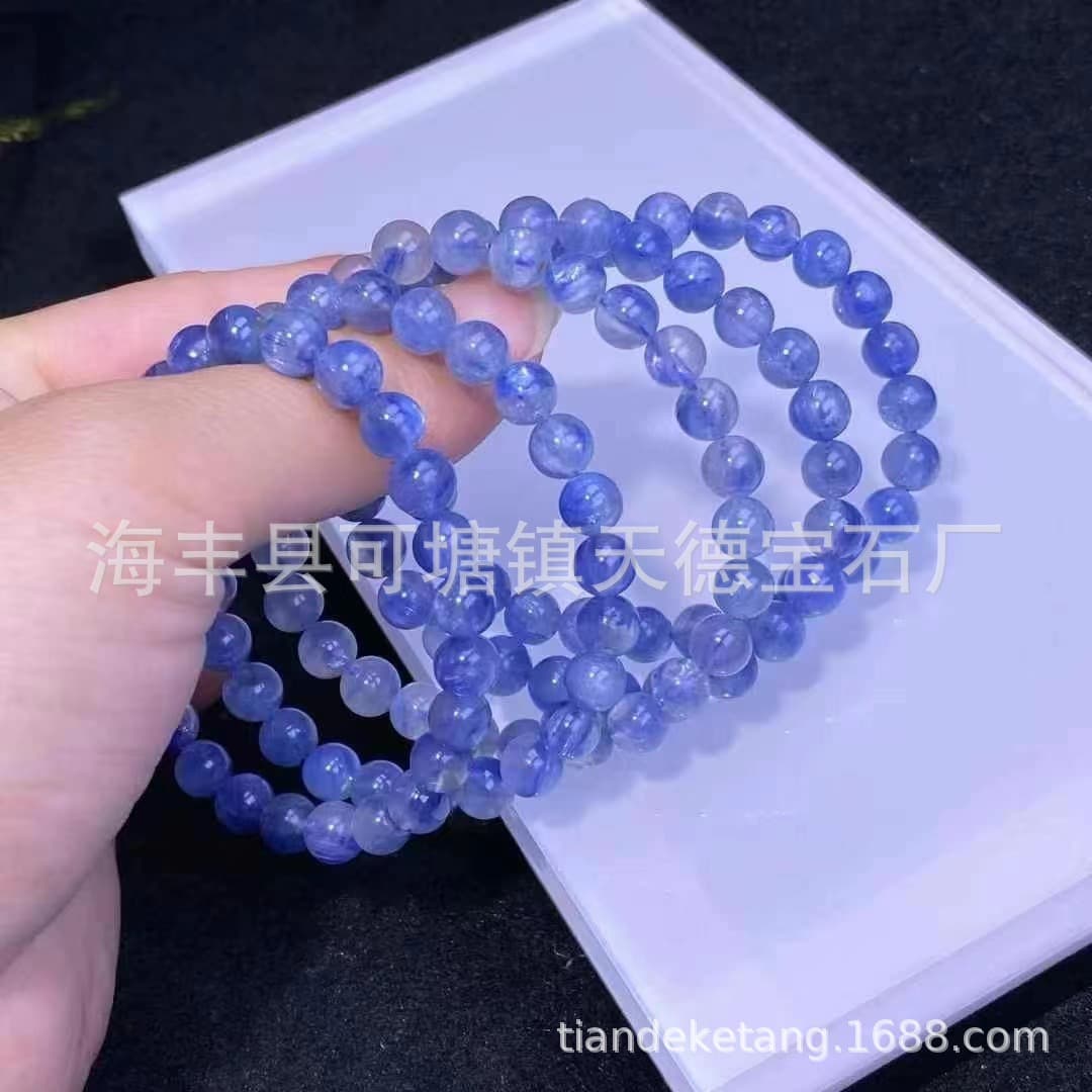 Natural Blue Crystal Bracelet, No Color Enhancement, Raw Blue Kyanite Bead Strand, Cat's Eye Effect, Oil Painting Blue Kyanite for DIY Matching