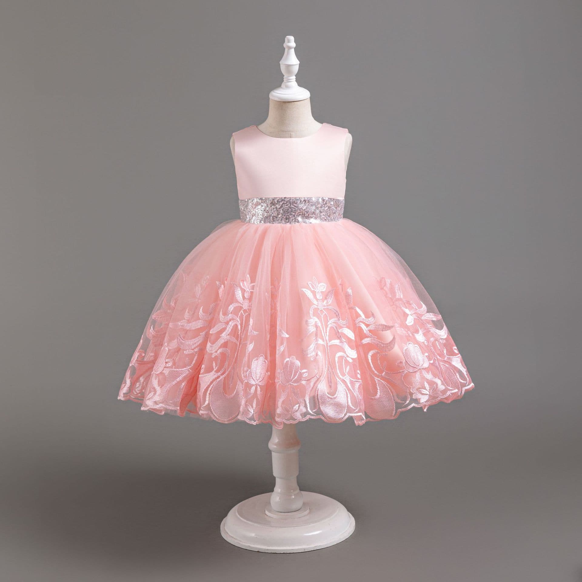 Export Girls' Pink Princess Dress, Sequined Waist-Defining Puffy Tulle Skirt for Children's Birthday Party Fashion Show Performance