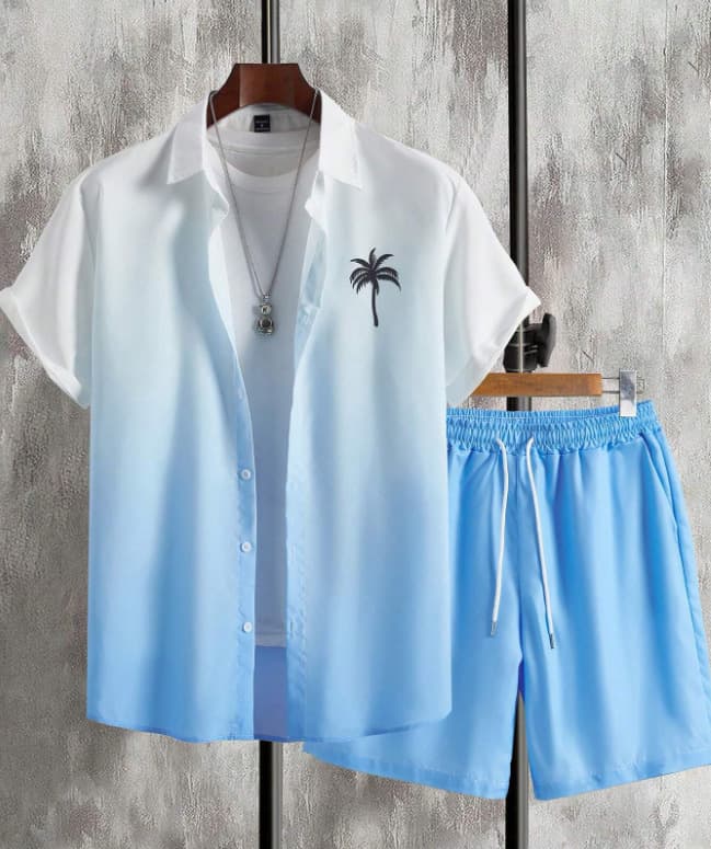 2026 Summer New Men's Beach Style Casual Simple Short-Sleeve Shirt Set Printed Shirt + Shorts Two-Piece