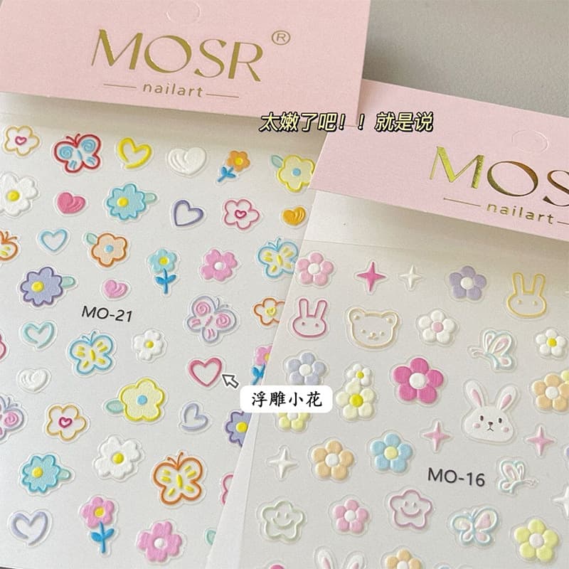 Mosr Embossed Flower Daisy Nail Art Sticker Cartoon Tulip Rabbit Heart Butterfly Adhesive Nail Decal