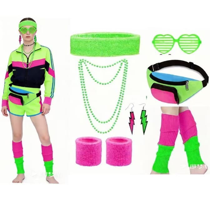 80s Halloween Retro Disco Party Set Neon Headband Wristbands Necklace Waist Bag Leg Warmers Set