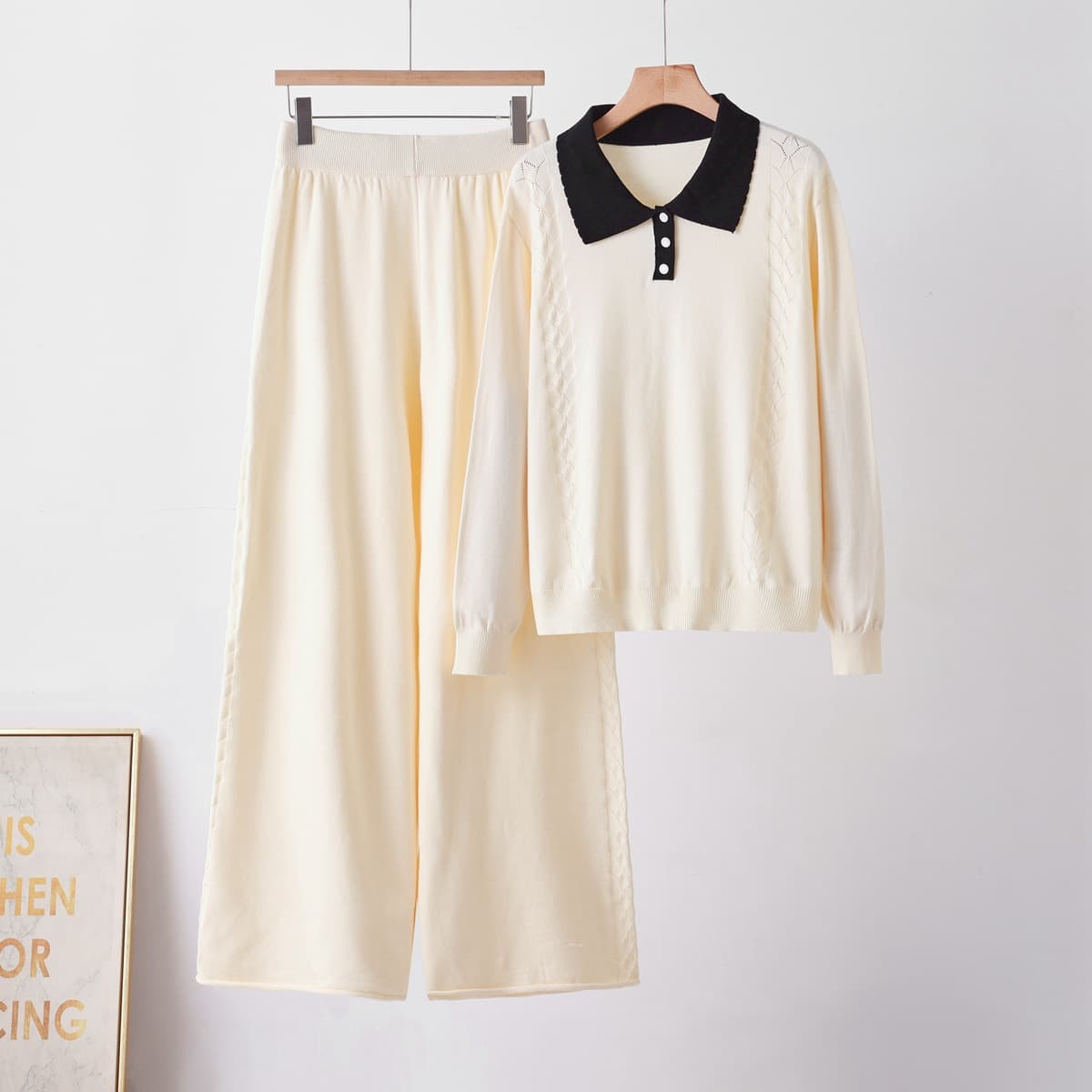Cross-Border European and American Fashion Knit Two-Piece Set: Polo Collar Sweater + Loose Casual Pants, Thick Knit Set for Women