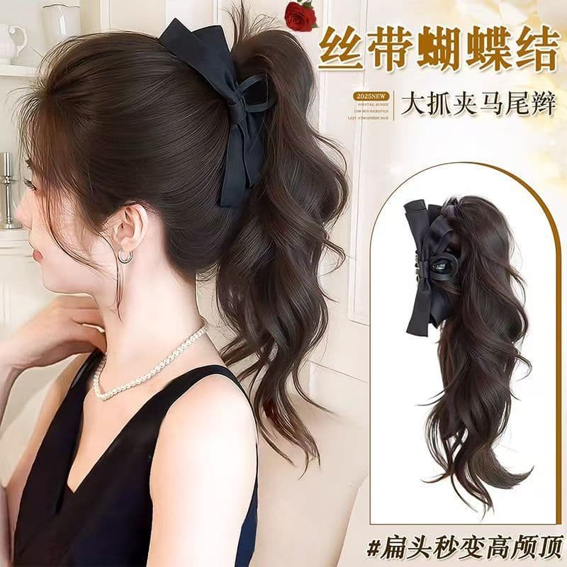 Wig Ponytail Clip Bow Curly Ponytail for Women Natural Korean Style High Crown Volume Enhancing Ponytail Hairpiece