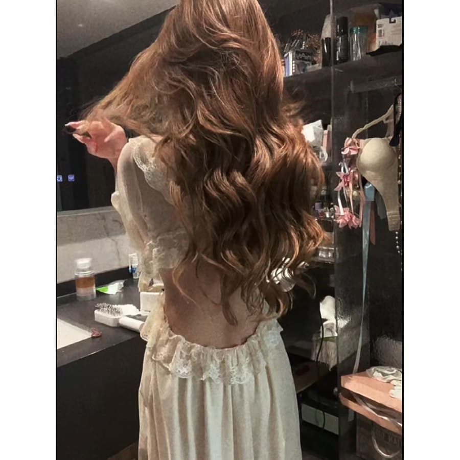 Women's Sweet Lace Trim Long Sleeve Pajama Set Summer New Pure Desire Nightgown Home Dress