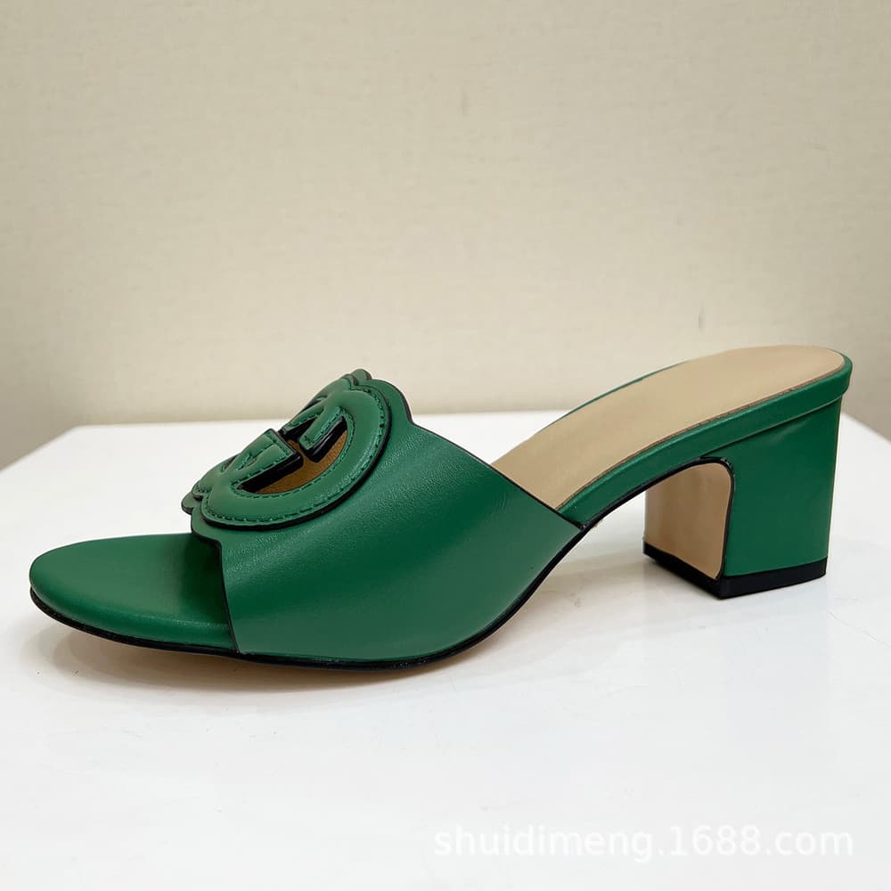 2025 Upgraded European and American G-High Heel Letter Genuine Leather Slippers Women Chunky Heel One-Band Women's Sandals Guangzhou High Quality