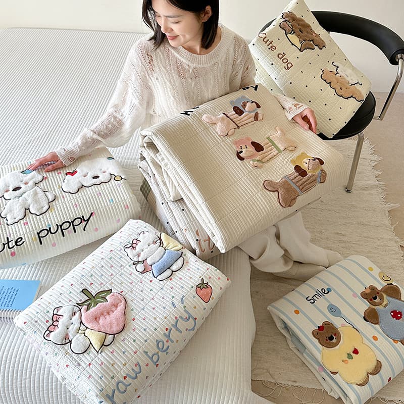 Korean Cartoon Cotton Rabbit Fur Embroidered Bedding 4-Piece Set, Cute Polka Dot Bear Bedding 3-Piece Set, Xiaohongshu