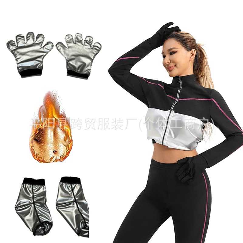 Cross-border best-selling women's fitness outfit, pink thread patchwork long-sleeved set, sports sweat-inducing suit, training sauna suit, shapewear