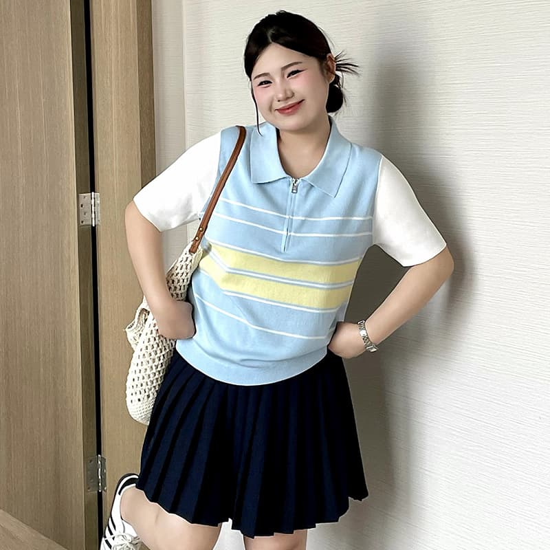 Plus Size Women's Casual Polo Neck Top Contrast Stripe Knit Sweater 2026 Summer Fat mm Short Sleeve T-Shirt 23953