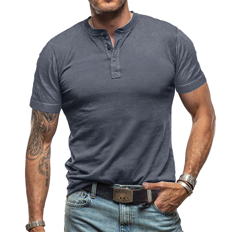 2024 Summer European and American Men's Short Sleeve Crew Neck T-Shirt, Export Men's Henley Shirt Cross-Border Casual Top