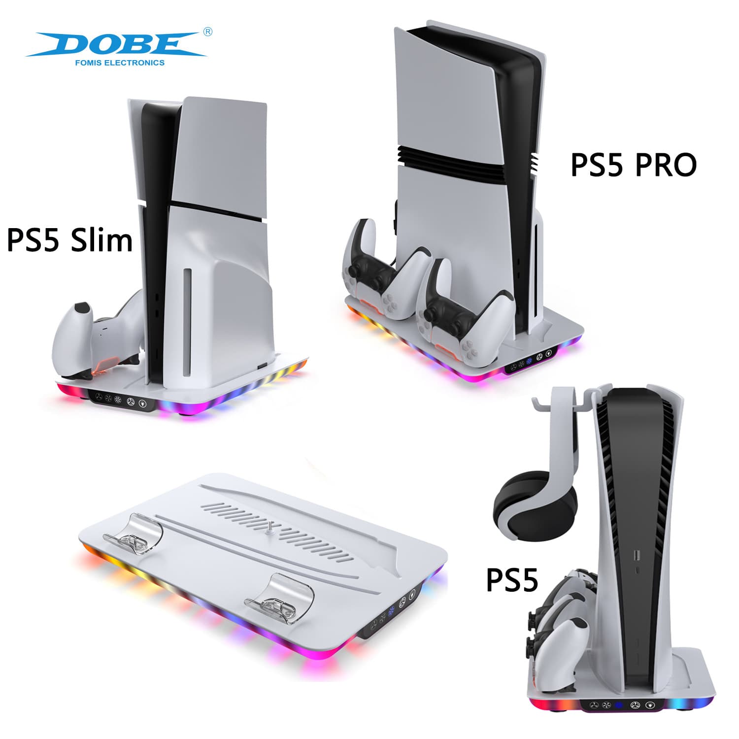 PS5 Pro Console Cooling Stand with RGB Ambient Light, PS5 Slim Controller Charger and Headphone Storage Holder