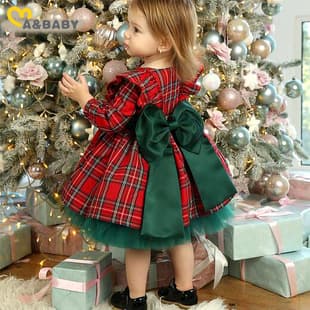 New Holiday Style Girls Plaid Long Sleeve Christmas Dress with Large Bow Mesh Tulle Princess Dress