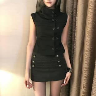 Y2K Women's Pure Desire Stacked Stand Collar Sleeveless Black Vest Double Breasted Waist Slim Fit Crop Top Bombshell Street Style