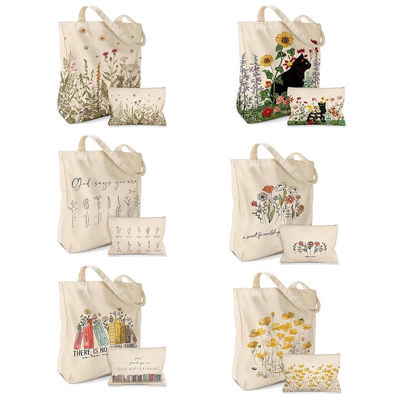 Canvas Cosmetic Bag Set of 2, Shoulder Combo Bag, Foldable Storage Bag, Shopping Travel Bag