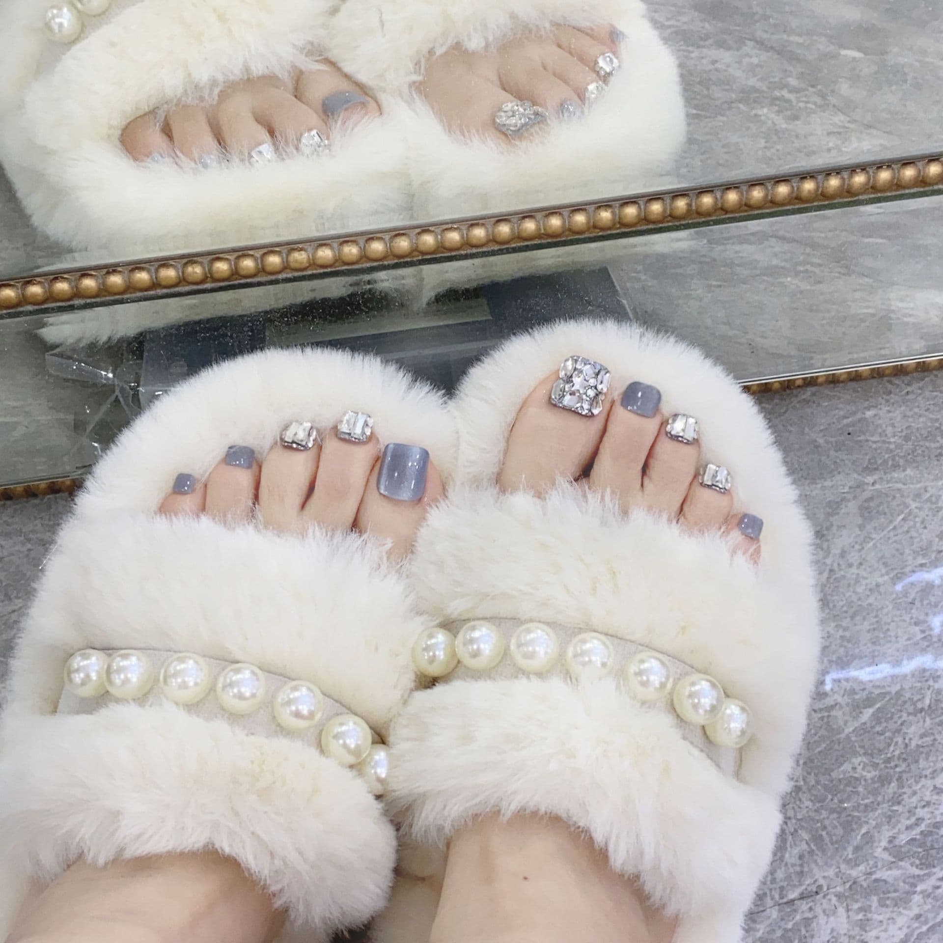 Summer Blue Cat Eye Toe Nails, Diamond Inlay, Removable, Brightening