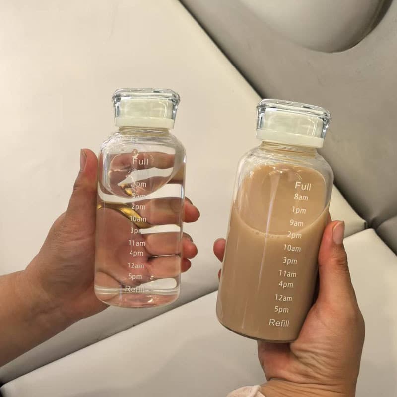 350ml Wholesale Transparent Time-Marked Glass Cup with Simple Design, Straw, and Lid, Portable Cup, Customizable with Logo