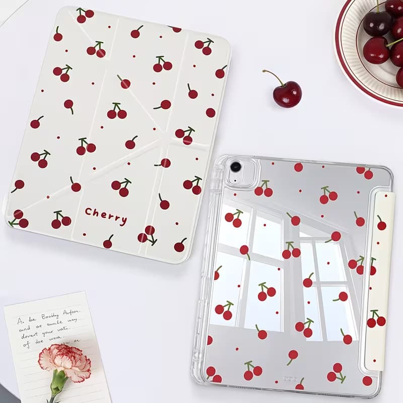Cherry Pattern Double-Sided Design for iPad 7/8/9 Tablet Case 10.2 Inch Y-Fold Transparent Acrylic