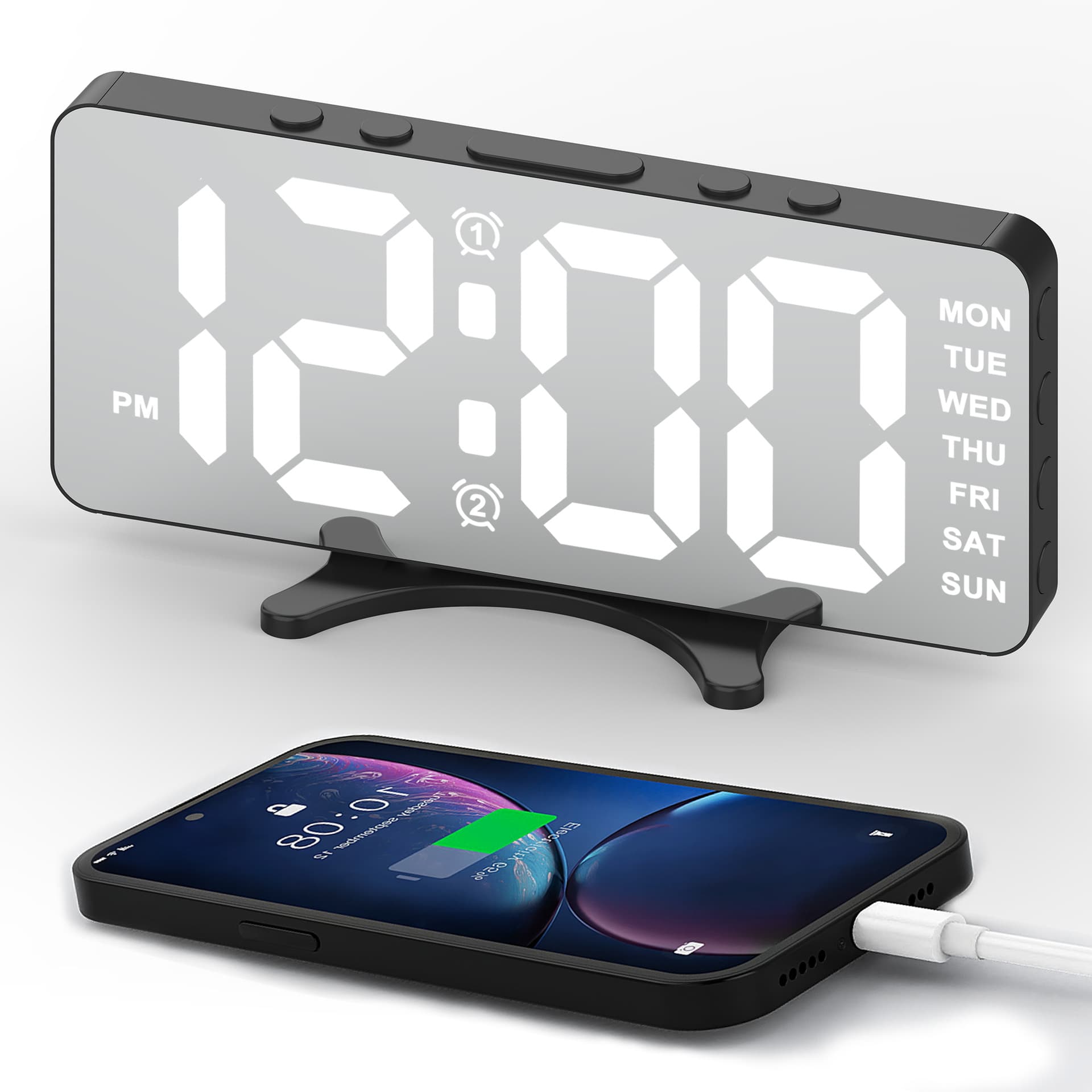 Alarm clock, LED clock, digital clock, automatic dimming at night, 2 charging ports, can charge iPhone