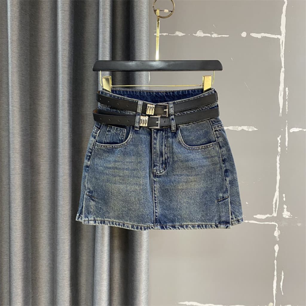 Girls Short Skirt 2026 Summer Korean Style Elastic Belt Double Belt Slit Denim Skirt High Waist A-Line Short Skirt