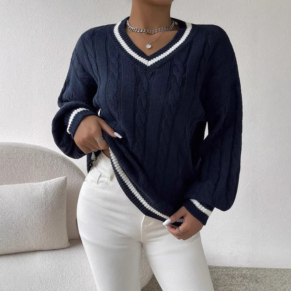 New Autumn V-Neck Striped Cable Knit Sweater Vintage College Style Loose Fit