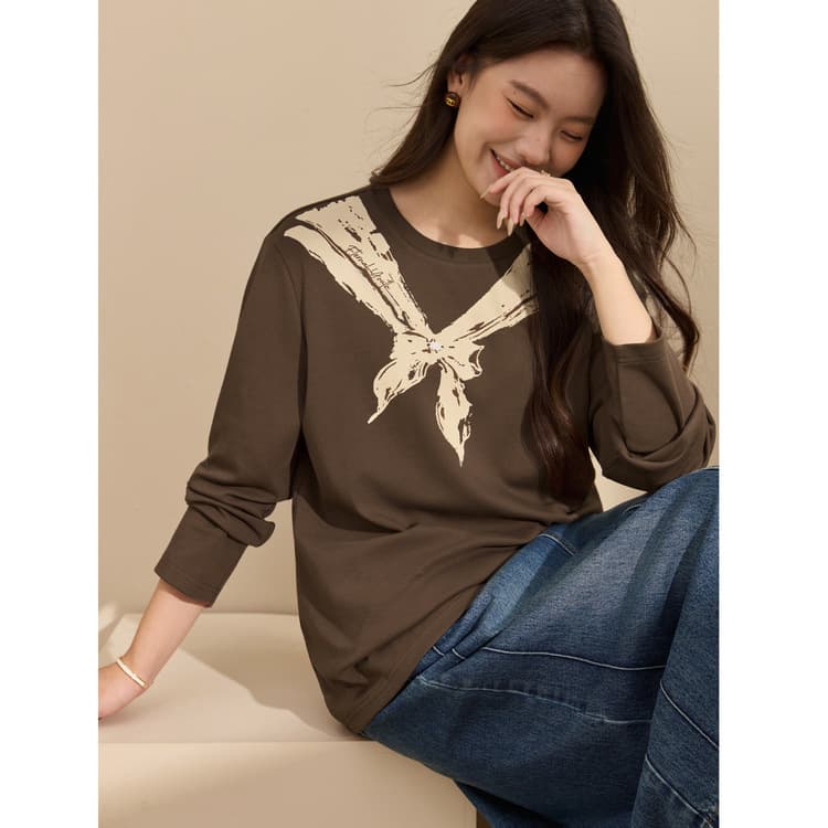 【Korean-style Bow Print T-shirt】Xianlixiu Plus-size Women's Sweet Youthful Top, New Autumn Style for Curvy Girls