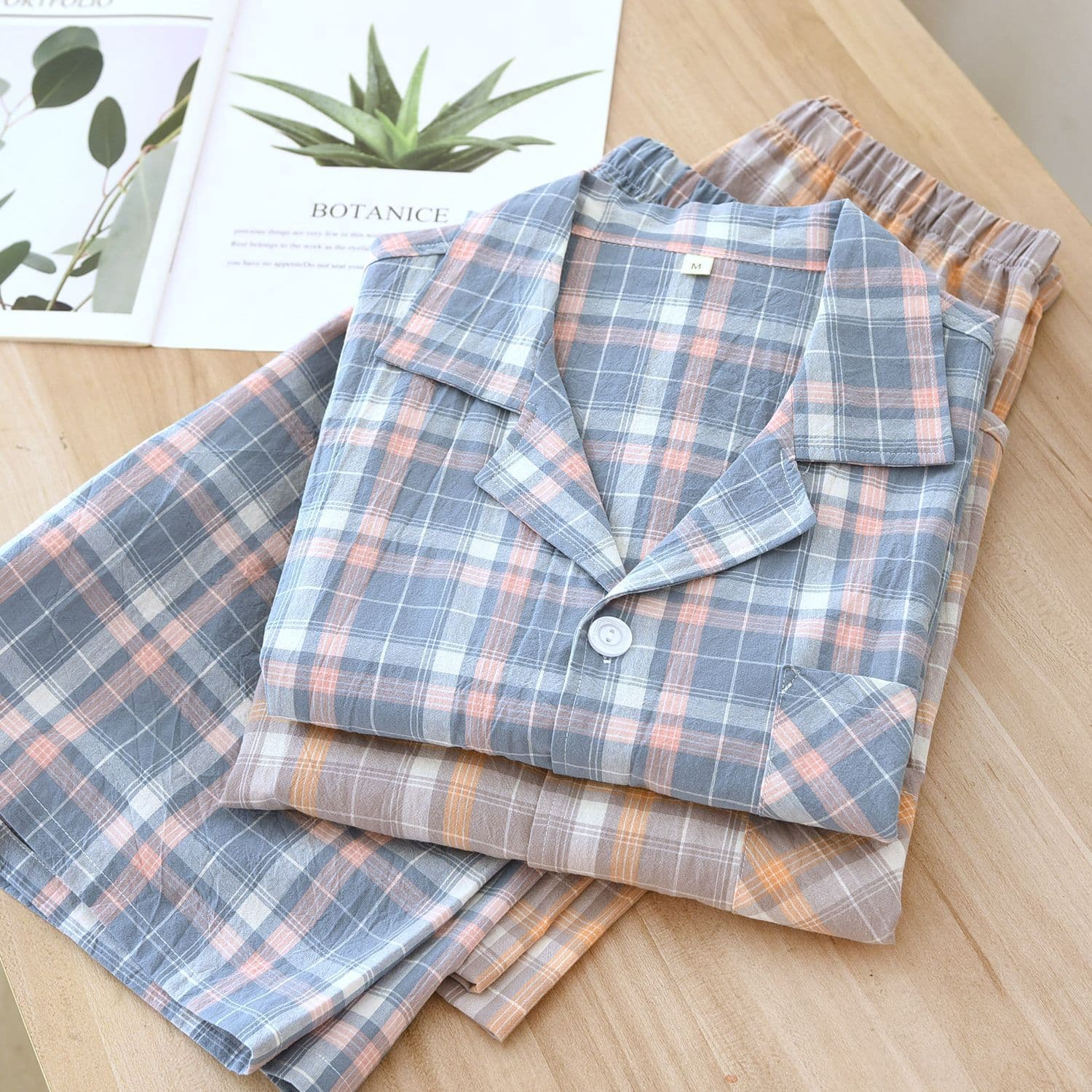 Summer Men's Sleepwear Short Sleeve Thin Cotton Home Leisure Comfortable Pure Cotton Simple Grid Washed Flat Cloth Cotton Suit