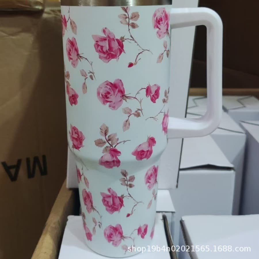 Cross-Border Large-Capacity 40oz Car Cup 304 Stainless Steel Vacuum Insulated Cup Flower Car Ice Cup with Handle