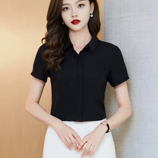 Black Blouse for Women, Chiffon Short Sleeve, Wrinkle-Free, Draped, Loose Fit, Workwear, Formal Wear, Professional, Commute