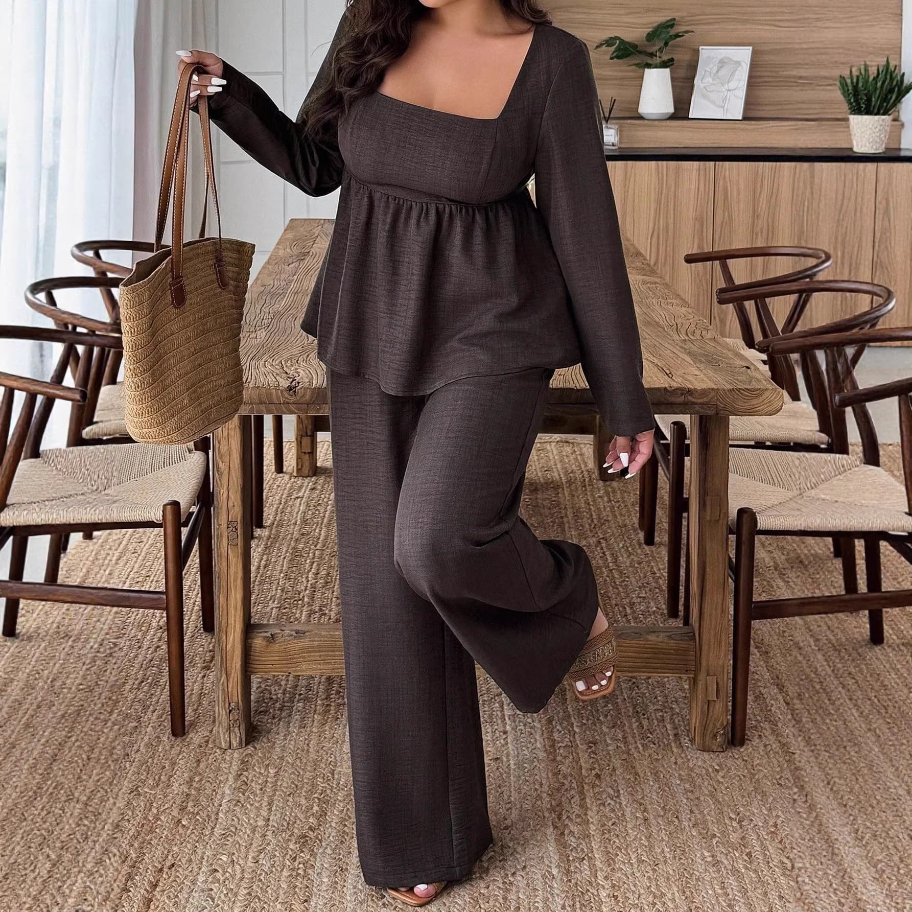 Plus size women's cross-border square collar ruffle hem trousers suit fashionable long-sleeved top wide-leg trousers two-piece set