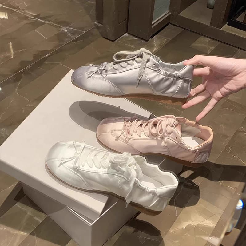 Sheepskin Lace-Up Soft Leather Casual Sneakers for Women, Silver Sweet Round Toe Satin Bow Ballet School Shoes