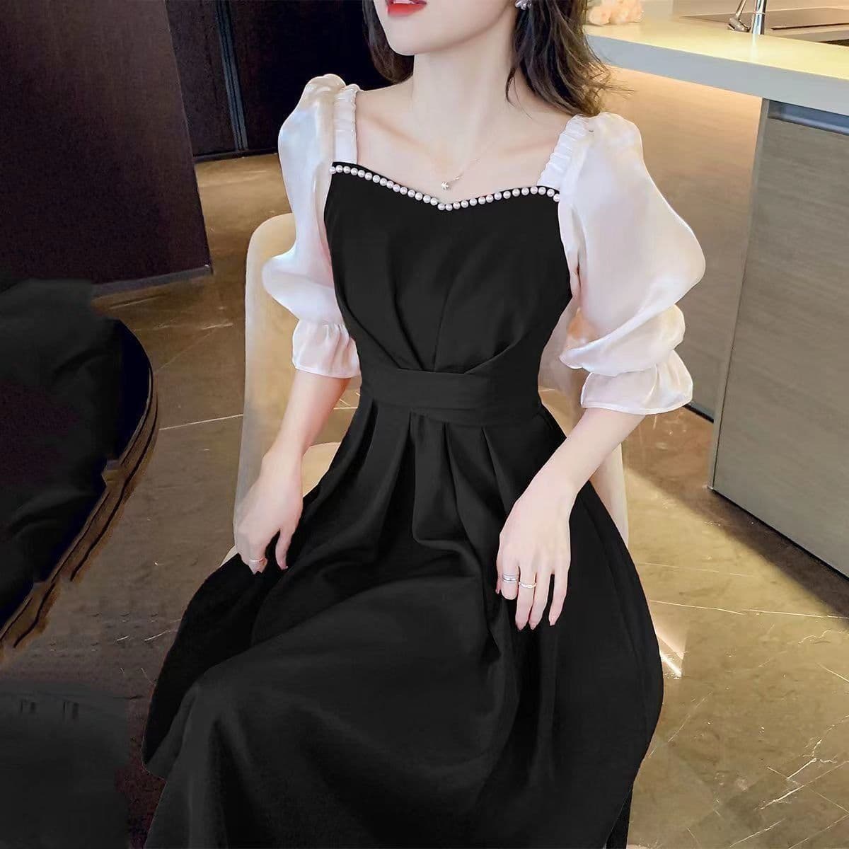 Coded five-quarter sleeve dress, new lace-up fat, slimming and flesh-covering French square-neck long splicing skirt