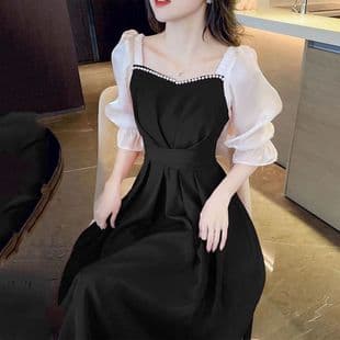 Size five-point sleeve dress new tie plus size slimming flattering French square neck long spliced dress