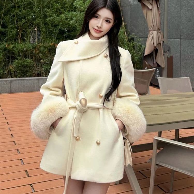 Factory Wholesale Export Fuzzy Sleeve Coat, Waist-Tied Mid-Length Woolen Overcoat, Loose Fit, Black