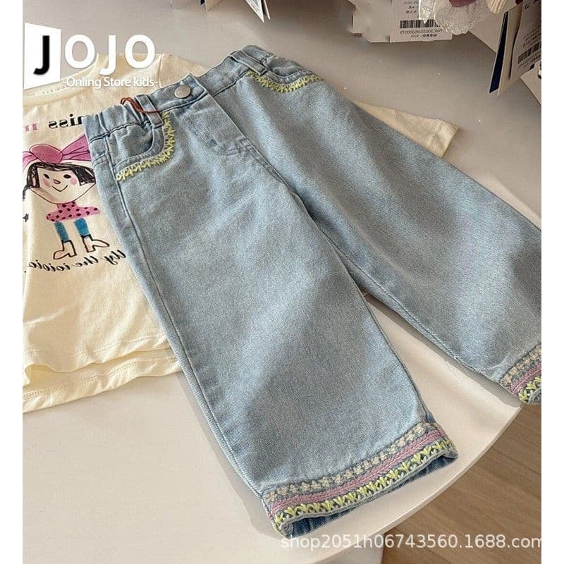Korean Style Kids' Wear Girls' Pants Baby Spring Fashion Little Chic Style Lace Wide-Leg Pants Children's Light Blue Jeans