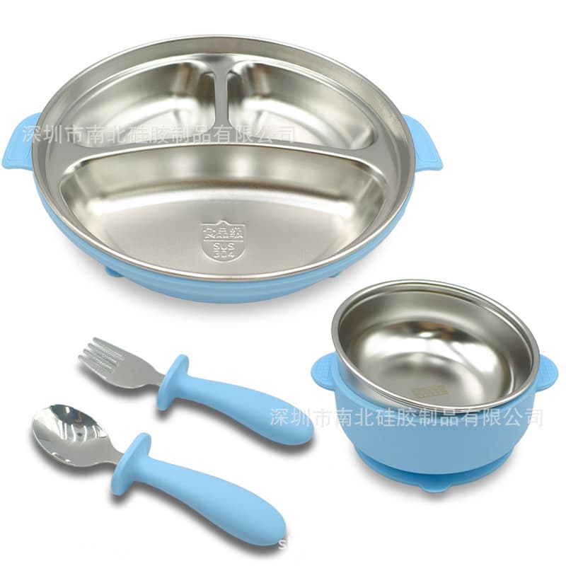 New Children's Dinner Plate Metal Divided Plate Silicone Suction Cup Set Insulated Bowl Stainless Steel Spoon and Fork Baby Tableware Set