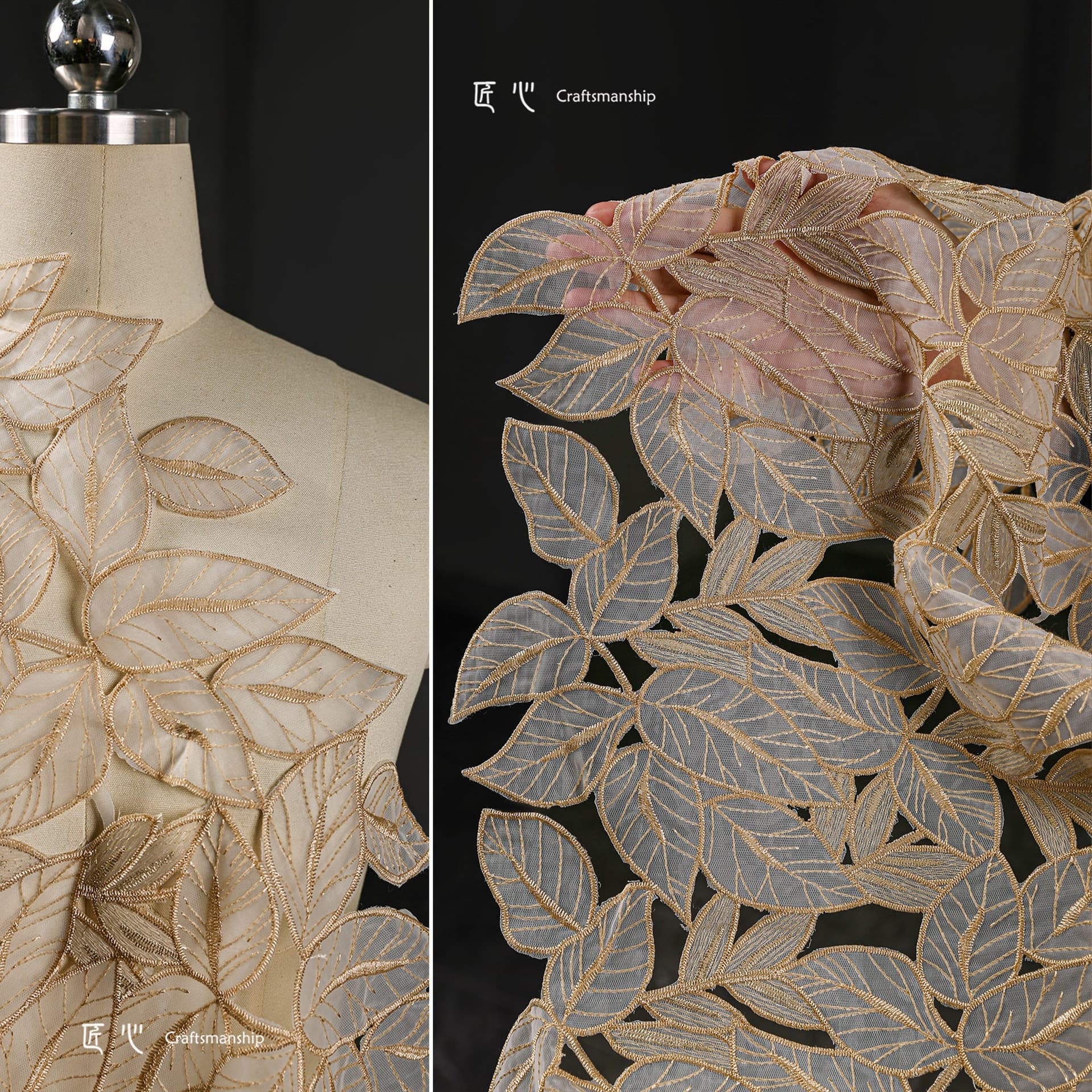 Embroidered Leaf Lace Fabric for Haute Couture Dresses, Tulle Netting for Skirts and Apparel Design