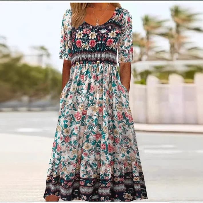 2026 Cross-border New Product Temu Amazon Top and Bottom Spliced Pocket Code Printed Wide Dress Source Factory Wholesale