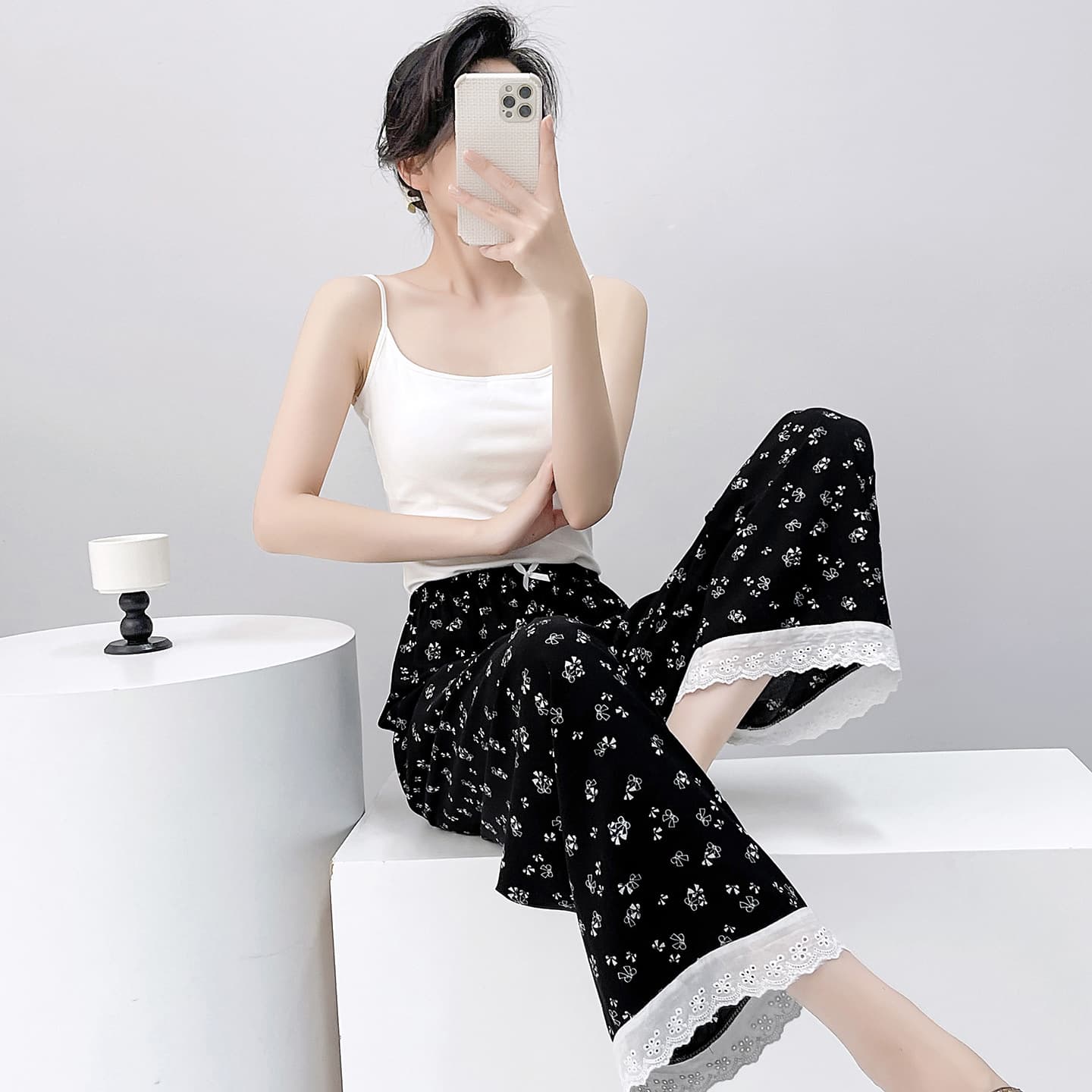 Women's Cotton Silk Sleep Pants, Thin Summer Style, Wearable Outside, Lace Trim Wide Leg Pants, Rayon Cotton Plus Size Home Pants, Spring and Autumn Long Pants