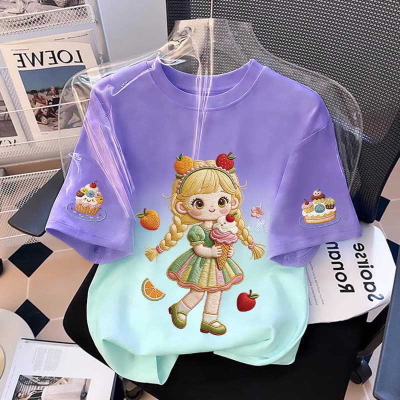 Qianika girls' pink cotton short-sleeved T-shirt summer children's fashionable half-sleeved cute Korean style girls' top T-shirt