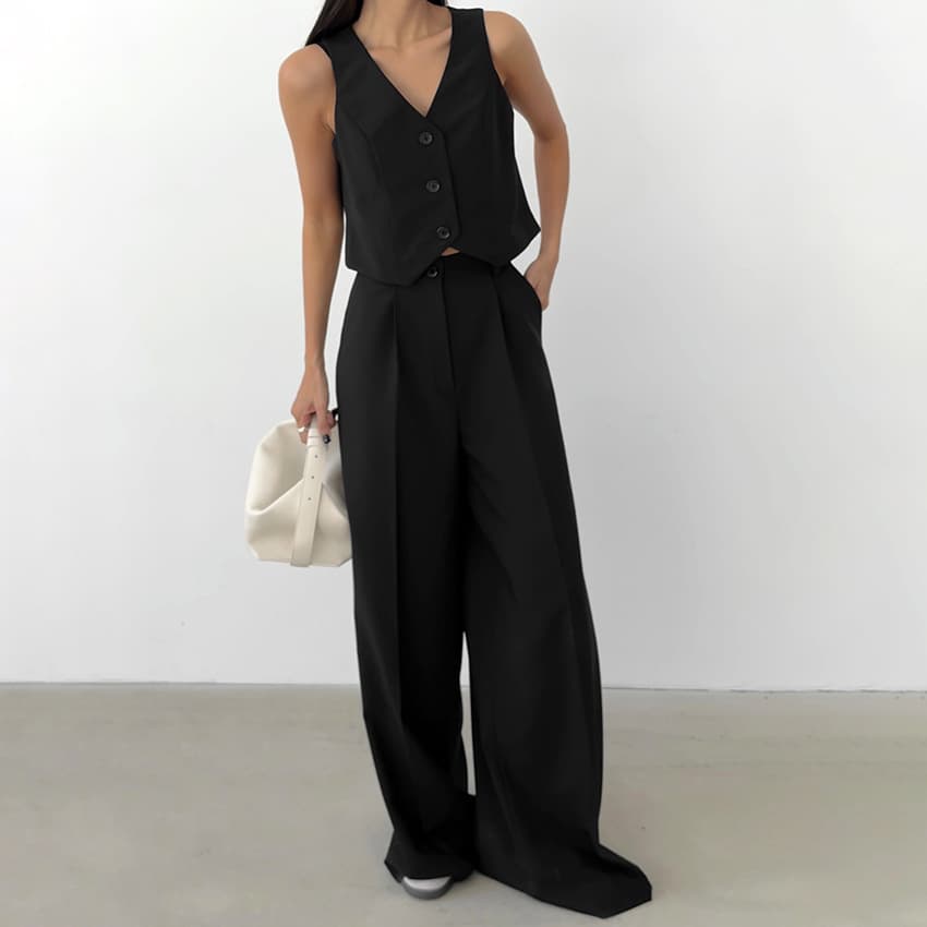 2026 Summer Fashion Black Vest Set for Women, Commuter Vest with Wide-Leg Long Pants Two-Piece Set, European and American Export Women's Clothing
