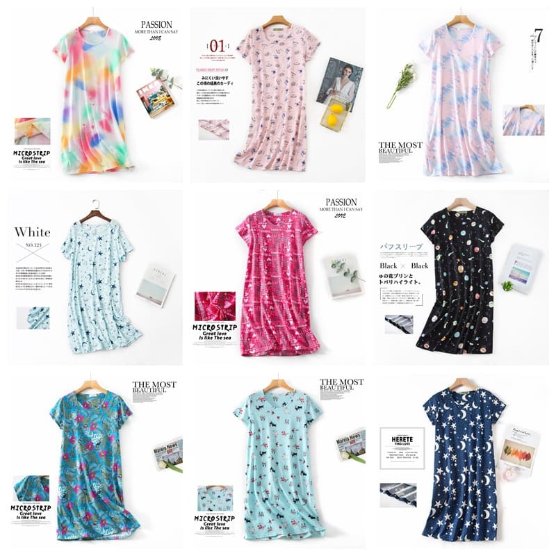 [Dropshipping Order] Cross-Border Summer Nightdress Women Plus Size Cartoon Cotton Homewear Knitted Short Sleeve Round Neck Pajamas