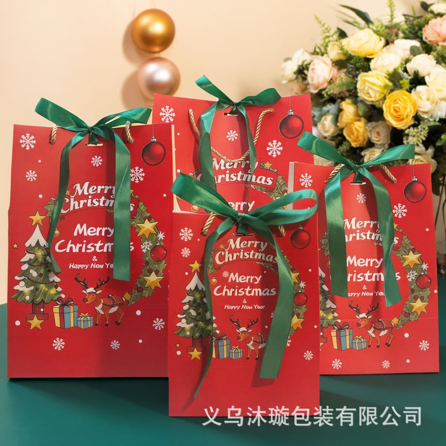 Christmas Gift Paper Bags, Christmas Eve Apple Bouquet Packaging Bags, Butterfly Ribbon Tote Gift Bags