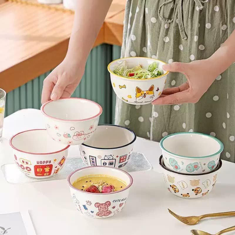 Trendy Ceramic Bowl Set for Home Use - Underglaze Color, Small Fresh Style, Rice Bowl, Noodle Bowl, Sweet Heart Bowl, Round Bowl
