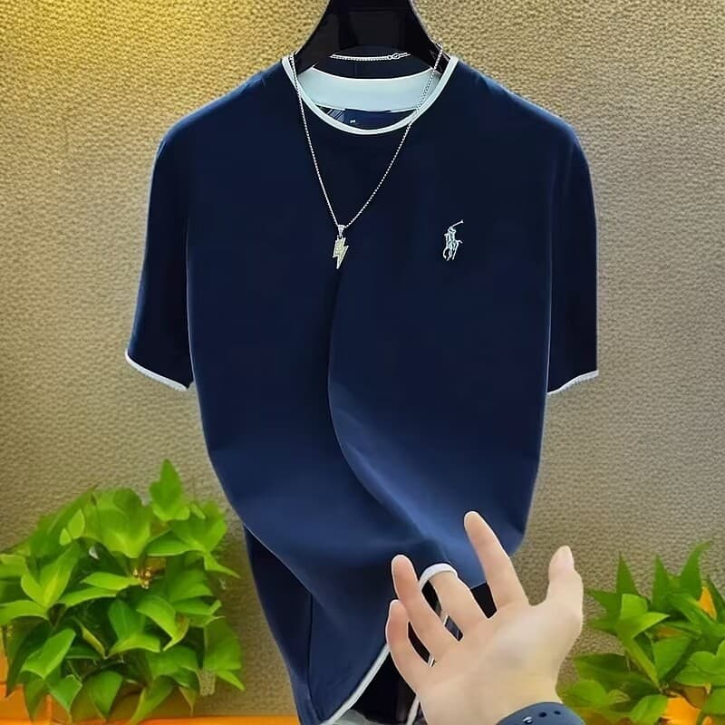 2025 Summer New Trendy Round Neck Men's Casual T-Shirt Short Sleeve Versatile Embroidered Fashion Top