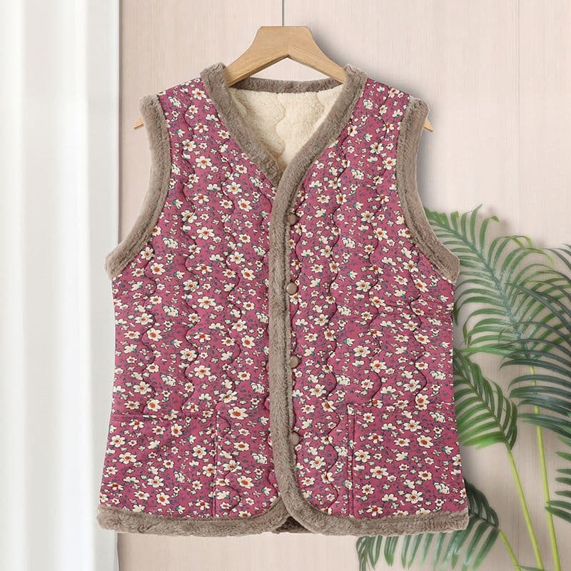 Autumn and winter new style mother's fleece-lined waistcoat, middle-aged and elderly floral fringe vest, cotton clothing thick waistcoat coat.