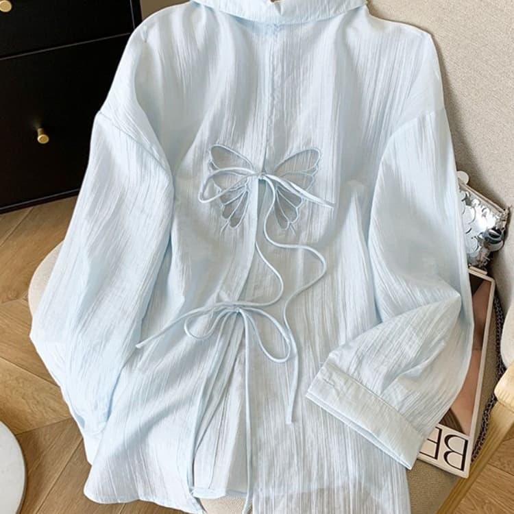 Blue Backless Bowknot Ice Silk Sun Protection Shirt Cardigan for Women, New 2026 Summer Thin Outerwear