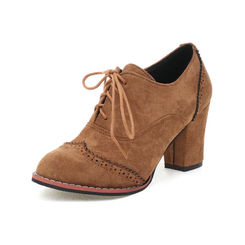 Amazon Spring Autumn Mid-Heel Single Shoes Brown British Style Lace-Up Women's Shoes College Fashion High Heels Export
