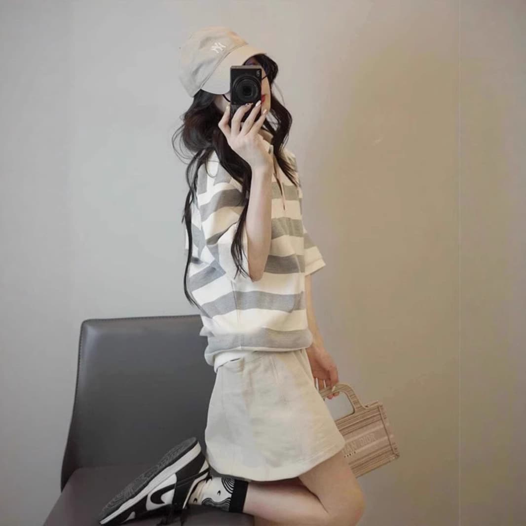 Plus Size Women's New Polo Collar Striped Short Sleeve T-Shirt Women's Design Sense Unique Casual Top for Chubby Women Summer